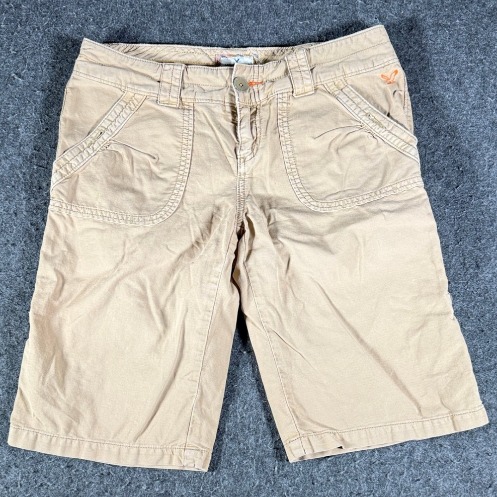 90s Y2K VTG American Eagle Khaki Shorts Womens 4 Tan Cotton Stretch MidRise 10in